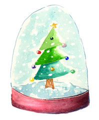 Arbol de navidad con bola de cristal coloreado en acuarela