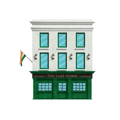 Irish pub building isolated on white background. Front view. 3d illustration