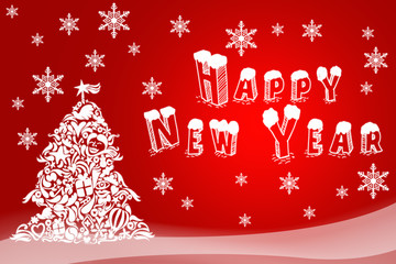 Naklejka premium Happy New Year illustration of a holiday card. Hand-drawn image of Christmas. Festive flyers for greeting cards, logos, shops, posters. Template apparel, label, emblem, t-shirt stamp, art graphics.