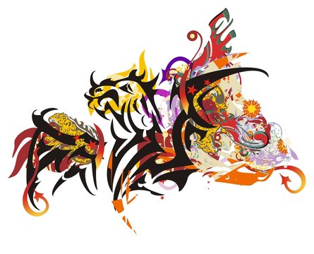 Grunge tribal winged dragon splashes. Majestic horned dragon with open wings symbolizing power and courage. Suitable for team Mascot, corporate identity, community identity, product identity, etc.