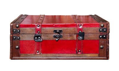 Red old vintage chest trunk isolated on white background