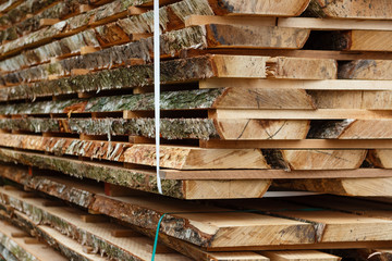 Pile of birch boards. Wood drying.