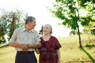 Nice elderly couple in a summer park