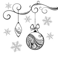 Silhouette of Christmas decorations with beautiful lace pattern, hanging on a branch surrounded by snowflakes.