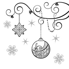 Silhouette of Christmas ball with lace pattern and the stars, which weigh on the branch.