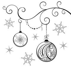 Silhouette of Christmas balls with beautiful patterns that hang on the branch and snowflakes.