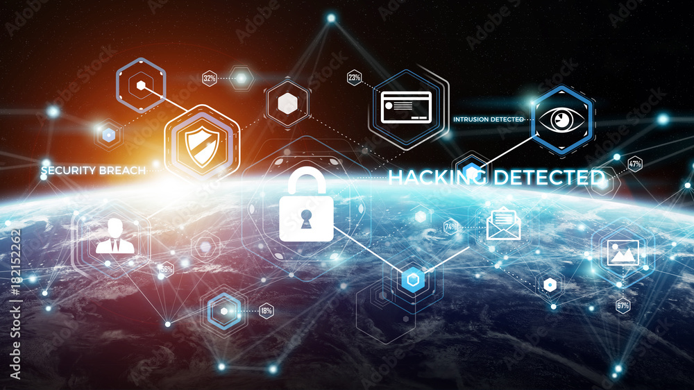 Aufkleber cyber security on planet earth 3d rendering