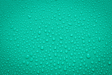 Water Drops On Green Background.