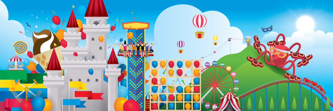 Vector Illustration of amusement park with fantasy theme and mountain background.