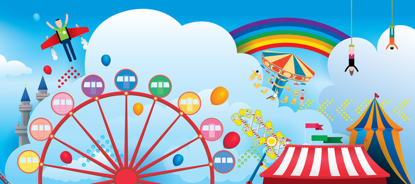 Vector Illustration of amusement park with fantasy theme and rainbow in the sky background.