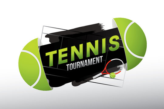 Tennis tournament badge design with racket and ball on court.