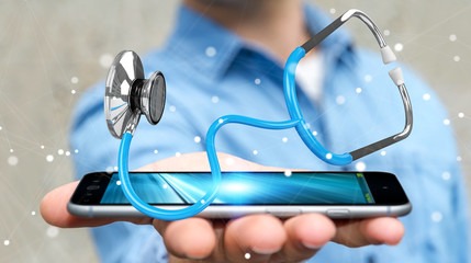 Businessman holding and touching floating stethoscope 3D rendering