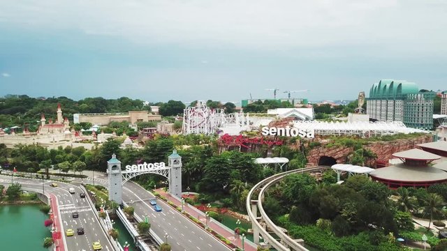 Singapore. November 21, 2017: Drone shot of Sentosa Island Gateway Singapore with highway and monorail railway. Shot in 4k resolution