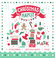 Set the Christmas market with Christmas objects and symbols of the holiday: gifts, masks, socks, Christmas decorations man cookies, garland, sweets. The inscription Christmas market on red tape.