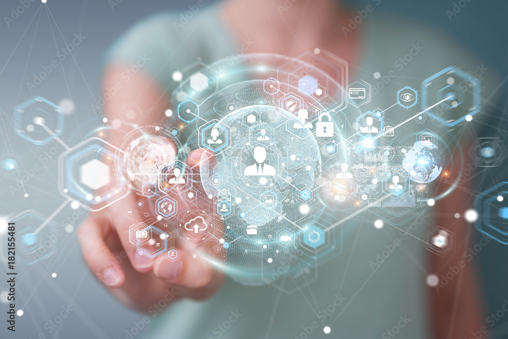 Poster businesswoman using social network interface 3d rendering