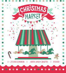Christmas market illustration. Winter time. Merry Christmas and Happy New Year on amusement park, winter market, festival, fair. Poster, invitation, postcard. Shops with hot drinks, sweets and gifts