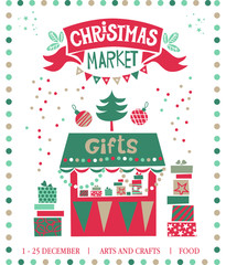 Christmas market illustration. Winter time. Merry Christmas and Happy New Year on amusement park, winter market, festival, fair. Poster, invitation, postcard. Shops with hot drinks, sweets and gifts