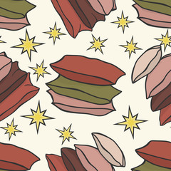 Pile of pillows. Vector seamless pattern with colorful pillows. Pajama Party texture, Sleepover, pattern of cushion. Template for fabrics, textiles, packaging, wrappers, web design or wrapping paper.