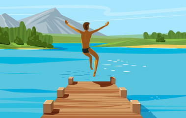 Vacation, weekend, relax concept. Young man jumping into lake or water. Vector illustration