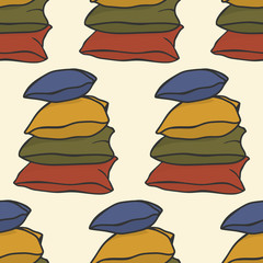 Pile of pillows. Vector seamless pattern with colorful pillows. Pajama Party texture, Sleepover, pattern of cushion. Template for fabrics, textiles, packaging, wrappers, web design or wrapping paper.
