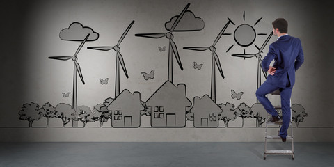 Businessman watching renewable energy sketch on a wall 3D rendering