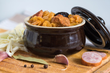 Bigos-traditional Polish dish of finely chopped meat, mushrooms, and sausage with sauerkraut and shredded fresh cabbage. The dish is also traditional for Belarusian, Ukrainian and Lithuanian cuisine.