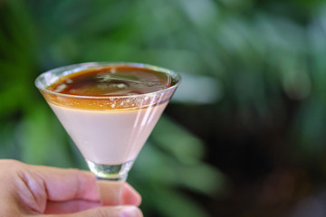 Close up Panna Cotta with Coffee Syrup. (selective focus)