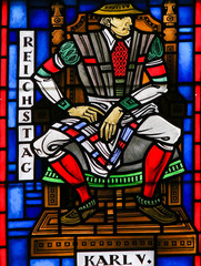 Fototapeta na wymiar Stained Glass in Worms - Charles V at the Diet of Worms