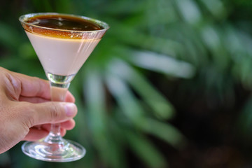 Close up Panna Cotta with Coffee Syrup. (selective focus)