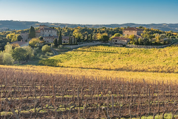 sunset over the chianti hills in autumn in province of Siena Tuscany Italy...