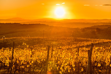 sunset over the chianti hills in autumn in province of Siena Tuscany Italy...