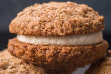 Close up Homemade Malt and Oat Cookie Sandwiches . (selective Focus)