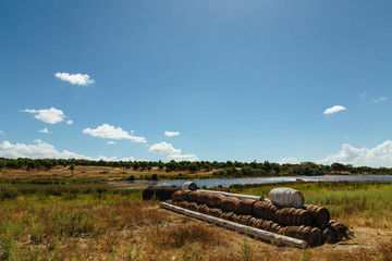 Pile of wood barrels in the middle of nowhere. 