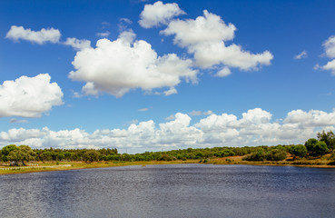 View across  Sorraia river in Santarem, Setubal, Portugal. Taken on a hot sunny afternoon with some...