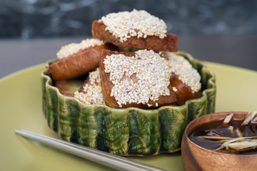 Close up Homemade Thai Styled Chicken toast. (selective Focus)