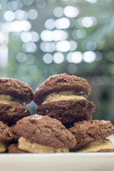 Close up Homemade Chocolate Cookie Sandwiches . (selective Focus)