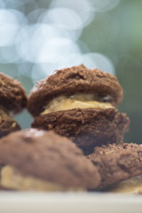 Close up Homemade Chocolate Cookie Sandwiches . (selective Focus)