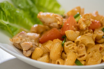 Close up Homemade Thai Styled Chicken Pasta. (selective Focus)