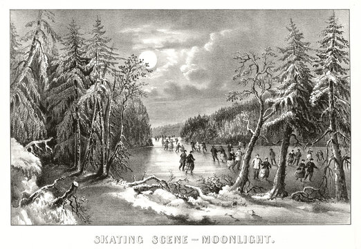People skating on frozen lake at moonlight surrounded by a snowy landscape. Old illustration by Currier & Ives, publ. in New York, 1868