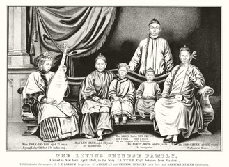 Chinese traditional family sitting on a long sofa and holding musical instruments. Big curtains on background, indoor context. Old illustration by Currier, publ in New York,  ca. 1850