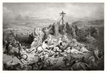 Reproduction of The Brazen Serpent, Biblical illustration. Old illustration by Gustave Dore. Publ. in London, 1883 - 182160685