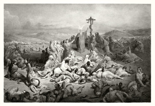 Reproduction of The Brazen Serpent, Biblical illustration. Old illustration by Gustave Dore. Publ. in London, 1883