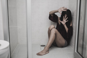 depressed fear woman hearing family violence or Couple or husband and wife or Thief or robber...