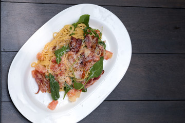 Close up Homemade Carbonara Pasta. (selective Focus)