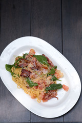 Close up Homemade Carbonara Pasta. (selective Focus)