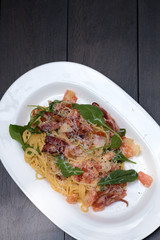 Close up Homemade Carbonara Pasta. (selective Focus)