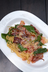 Close up Homemade Carbonara Pasta. (selective Focus)