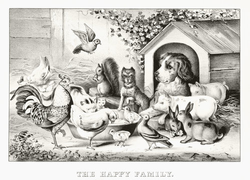 Pets and other animals eating pacefully from the same bowl. Outdoor context. Old illustration by Currier & Ives, publ. in New York, 1869