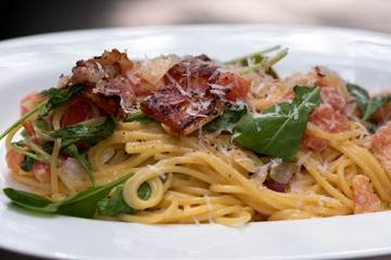 Close up Homemade Carbonara Pasta. (selective Focus)