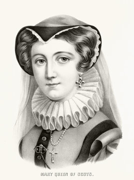 Old portrait of Mary, Queen of Scotland. Traditional royal headdress. Old illustration by Currier & Ives, publ. in New York, 1875